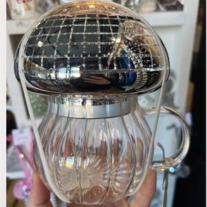 Mushroom disco mug with lid.  Clear Glass Mug with disco mushroom top. NWT